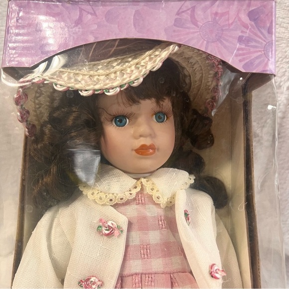 Collectible Porcelain Doll with Brown Curl Hair Pink Dress Straw Hat with Stand - Picture 4 of 13